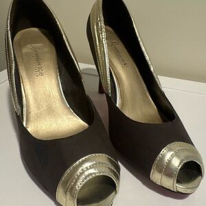 Shoe Dazzle Brown & Gold Peep Toe Heels | EU 38 / US 8